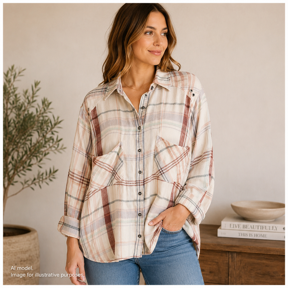 Free People Shirt Womens Large Off White Plaid Cotton Flowy Soft Shacket Grommet